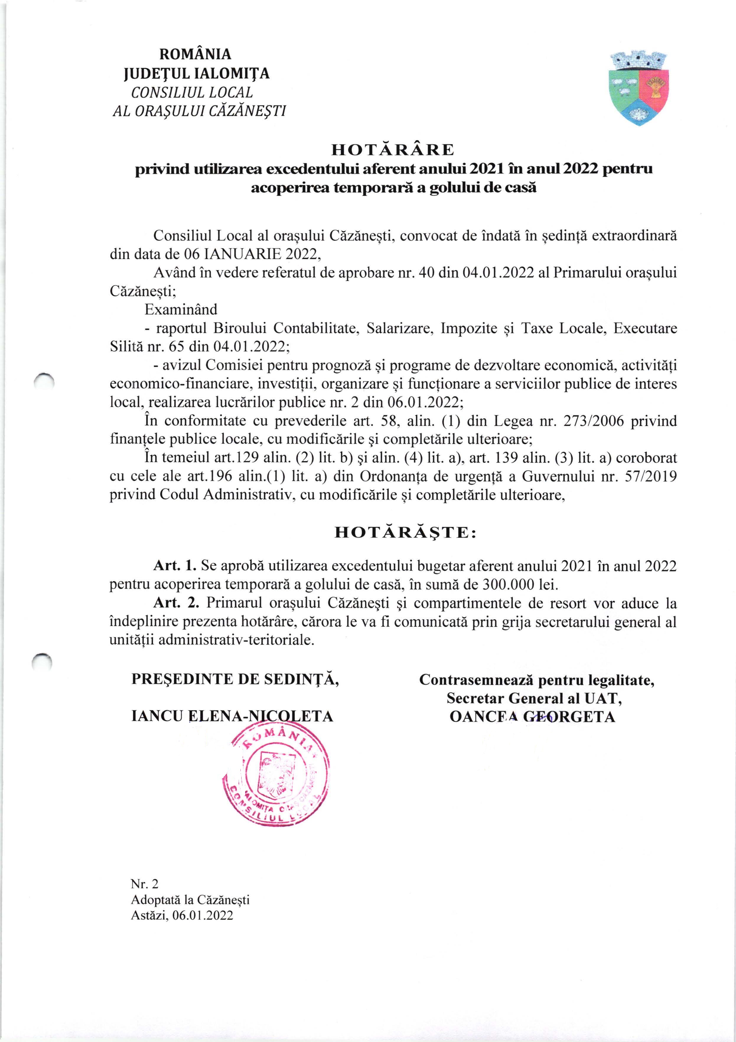 HCL nr.2 din 06.01.2022 privind utilizarea excedentului aferent anului 2021 în anul 2022 pentru acoperirea temporară a golului de casă