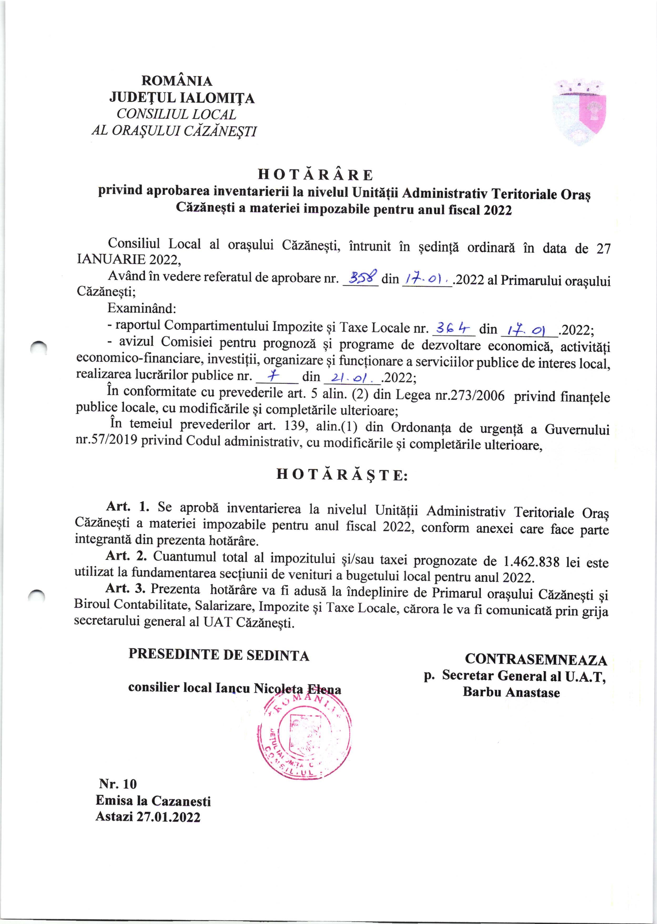 HCL nr. 10 din 27.01.2022 privind aprobarea inventarierii la nivelul Unității Administrativ Teritoriale Oraș Căzănești a materiei impozabile pentru anul fiscal 2022