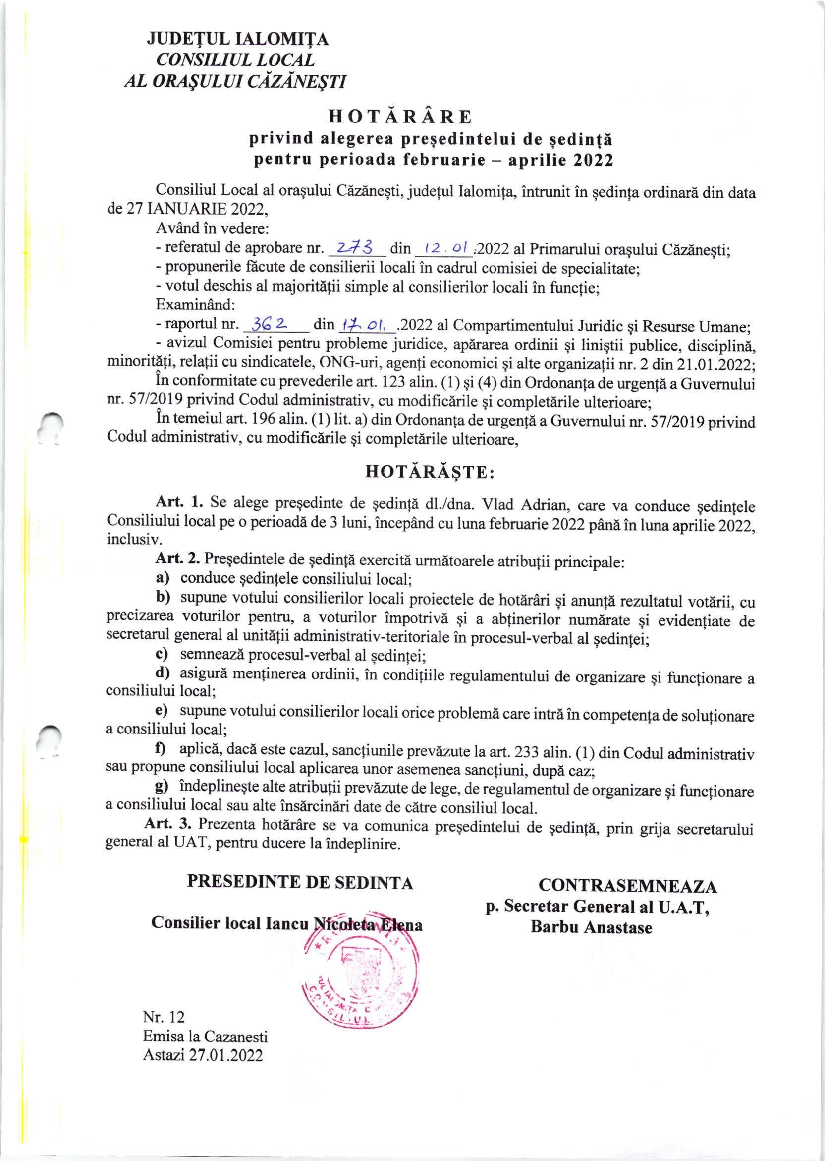 HCL nr. 12 din 27.01.2022 privind alegerea președintelui de ședință pentru perioada februarie aprilie 2022