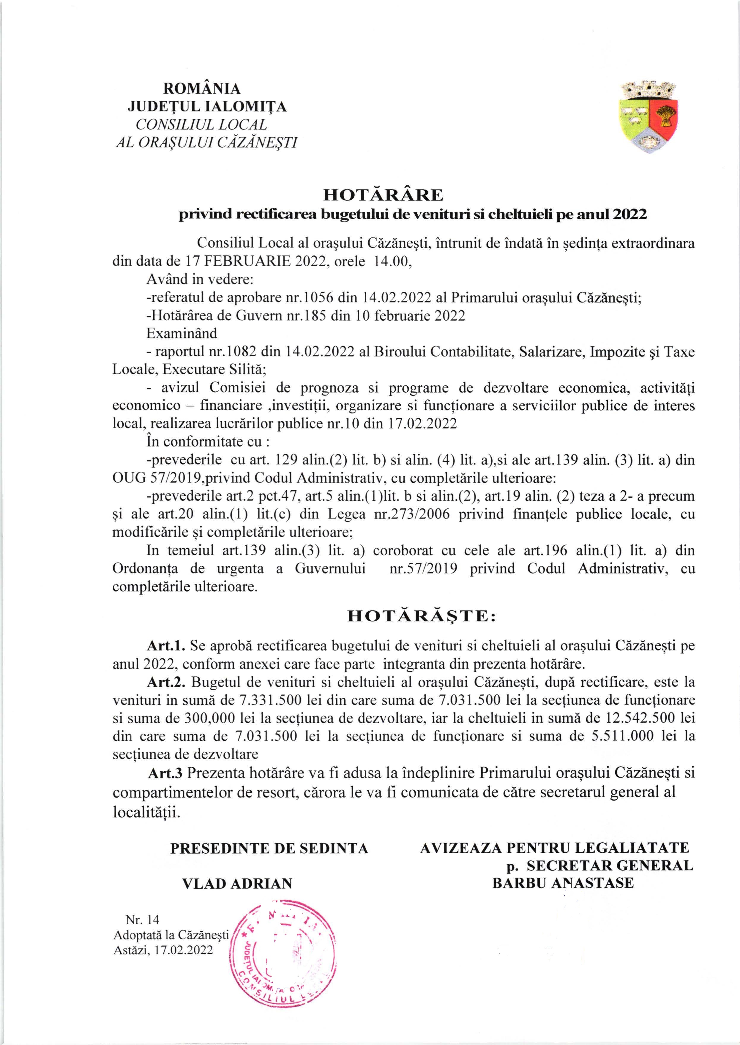 HCL nr. 14 din 17.02.2022 privind rectificarea bugetului de venituri si cheltuieli pe anul 2022