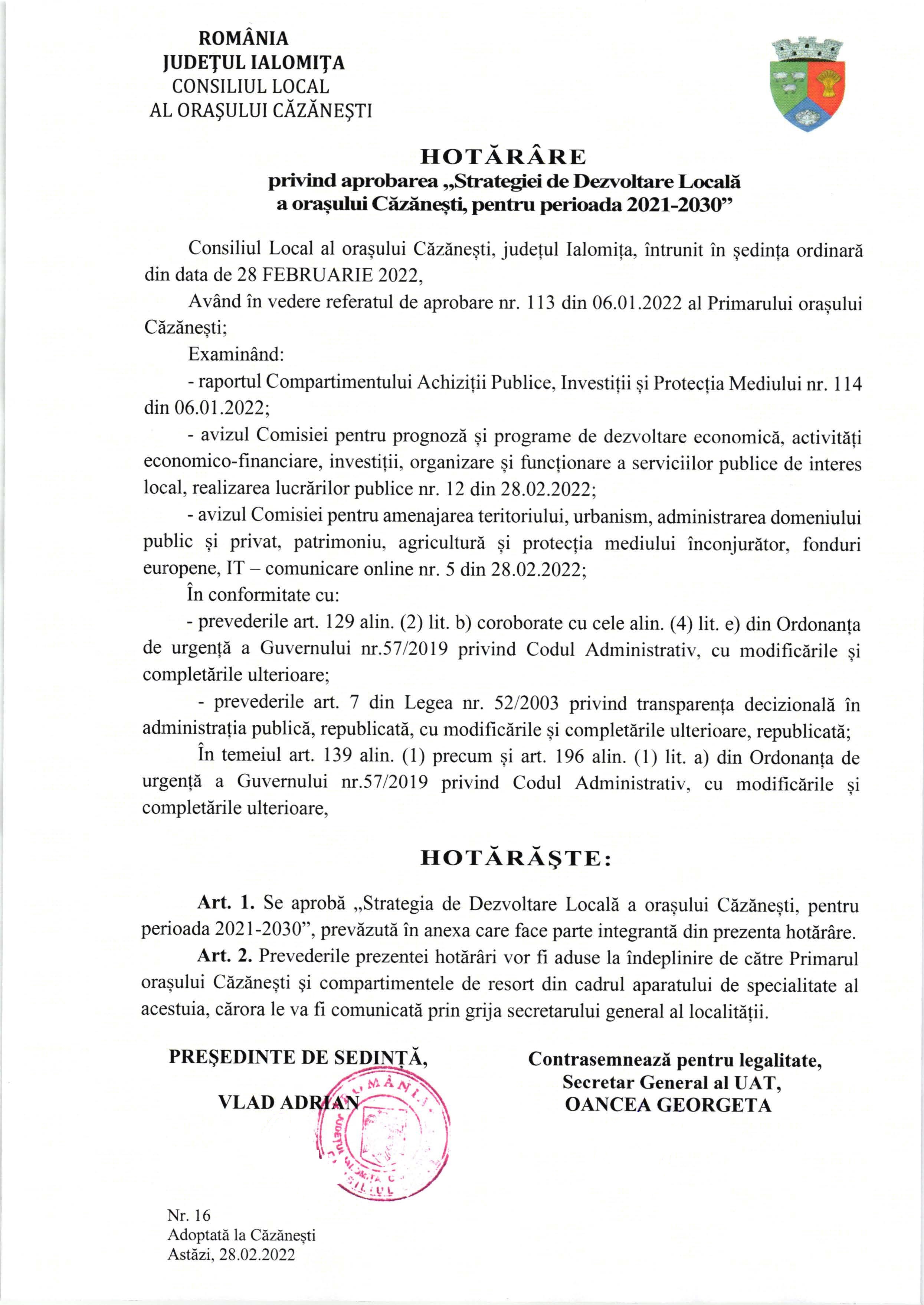 HCL nr. 16 din 28.02.2022 privind aprobarea Strategiei de Dezvoltare Locală pentru perioada 2021 2030