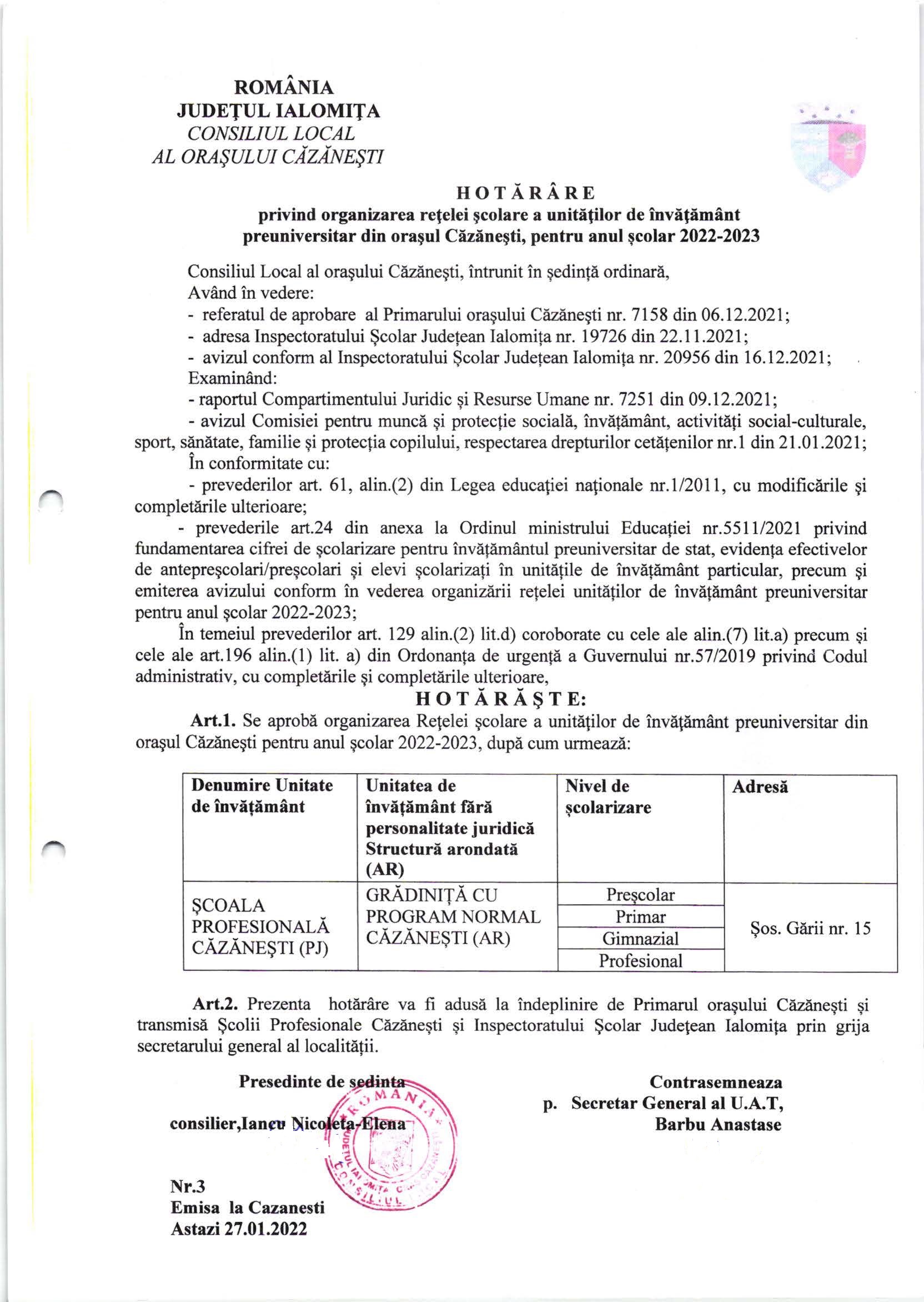 HCL nr. 3 din 2022 privind organizarea reţelei şcolare a unităţilor de învăţământ preuniversitar din oraşul Căzăneşti pentru anul școlar 2022 2023