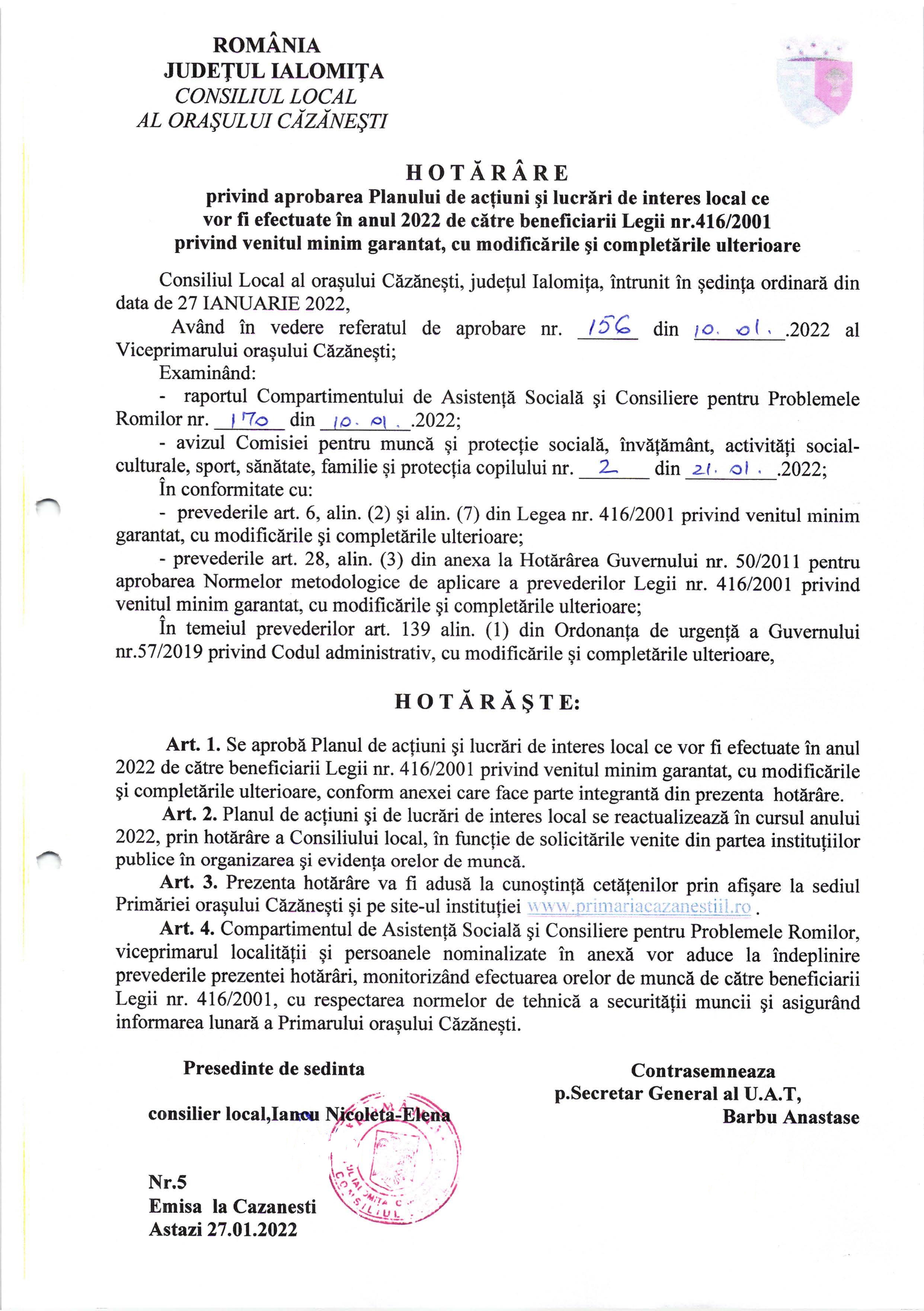HCL nr. 5 din 2022 privind aprobarea Planului de acțiuni şi lucrări de interes local ce vor fi efectuate în anul 2022 de către beneficiarii Legii privind venitul minim garantat cu modificări și completări