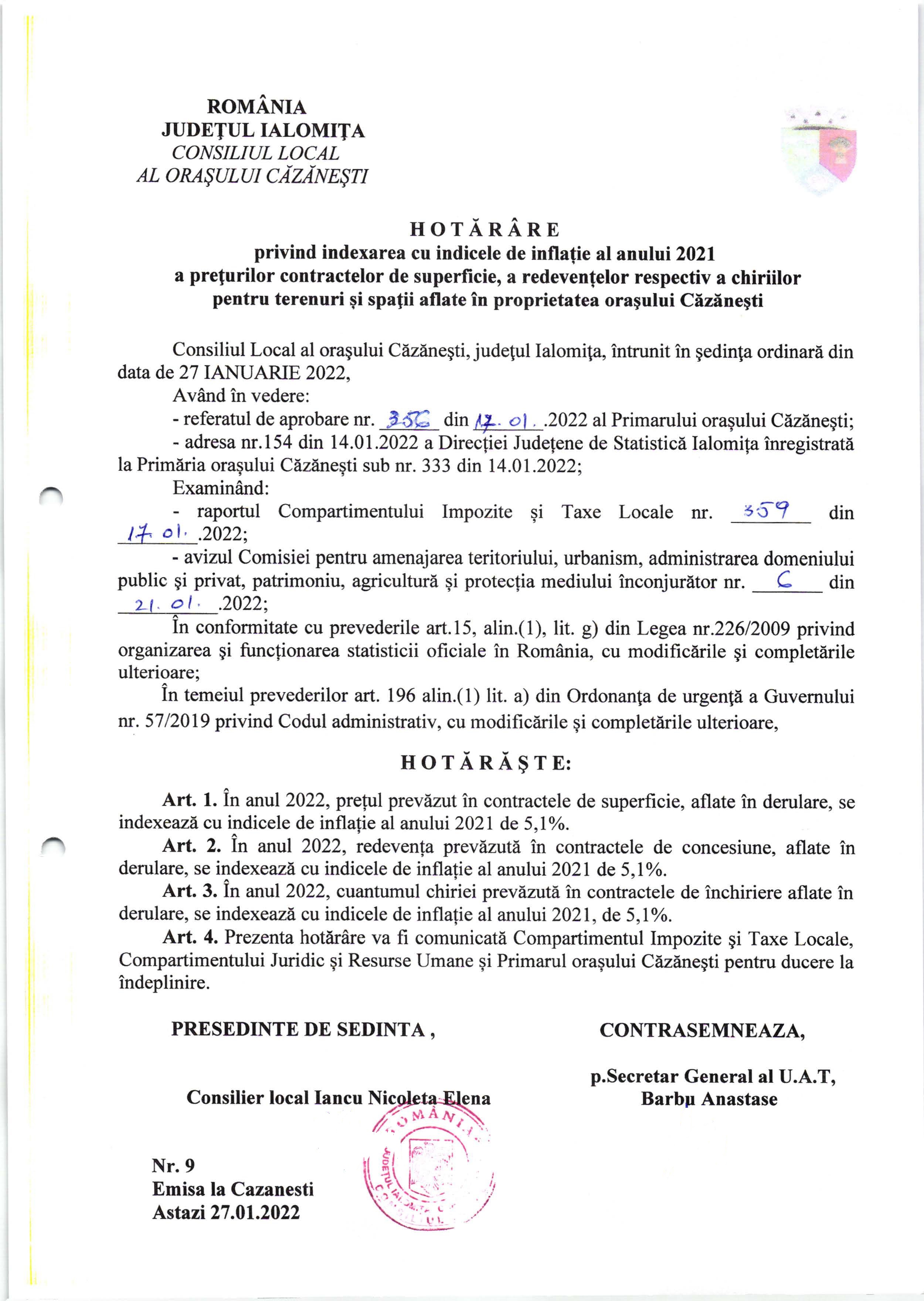 HCL nr. 9 din 27.01.2022 privind indexarea cu indicele de inflație al anului 2021 a preţurilor contractelor de superficie a redevențelor respectiv a chiriilor